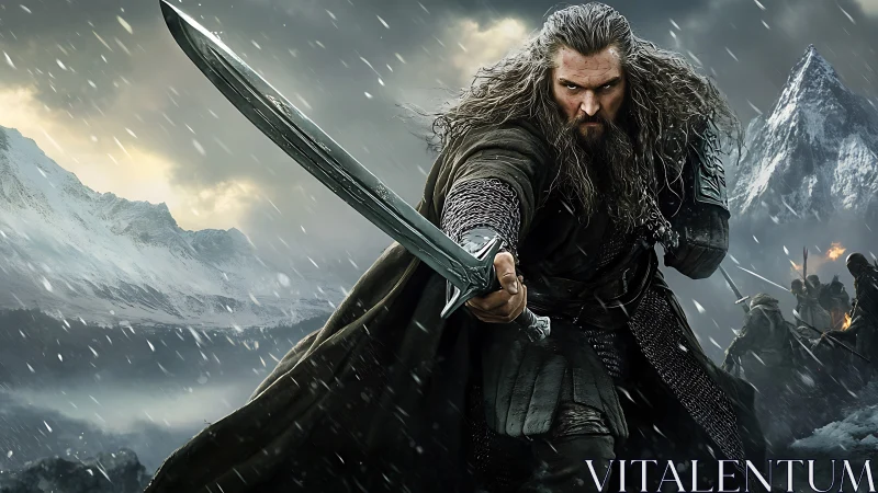 Stormbound warrior strides through snow and swirling battle.