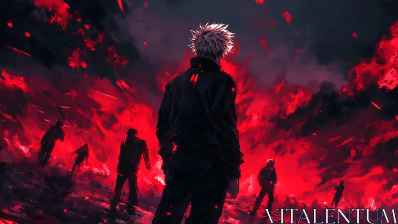 Figure observing silhouetted forms amid red illuminated field.