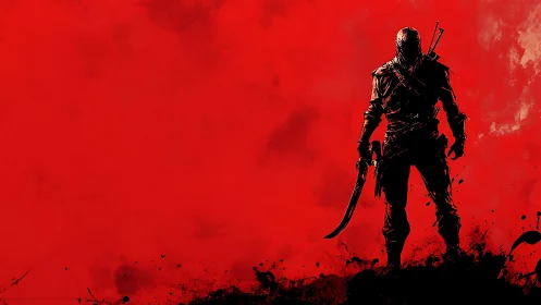 Blood-red horizon stalked by lone shadowed swordsman.