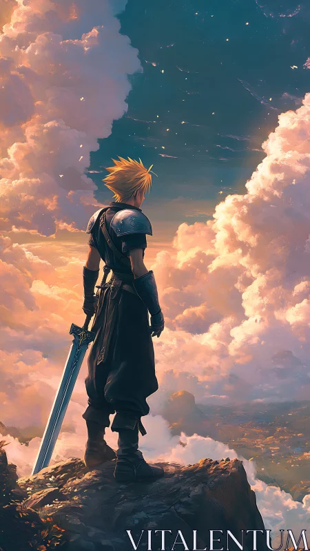 Sword bearer weighs the horizon where clouds burn gold
