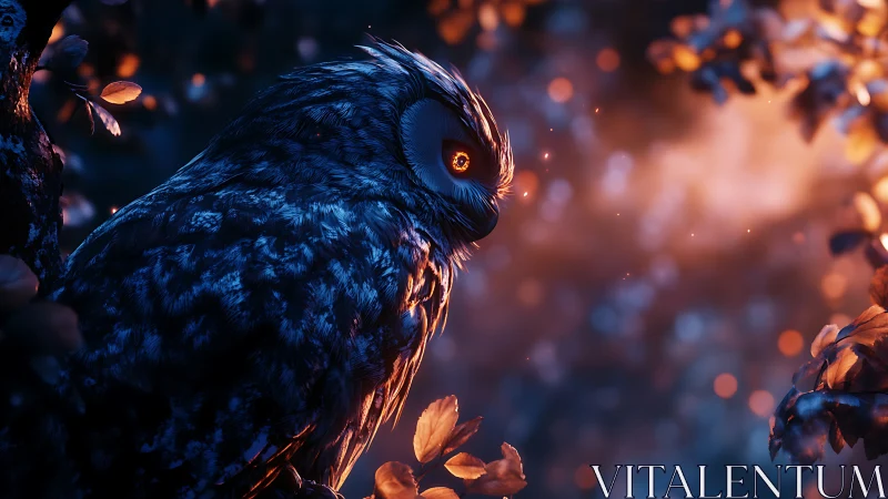 Moonlit owl drifting through a dreamy ember-kissed forest.