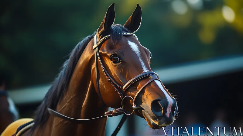 Chestnut sport horse portrait in golden hour bridle light.