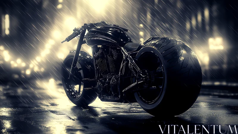 Custom futuristic motorcycle on wet neon city street at night.