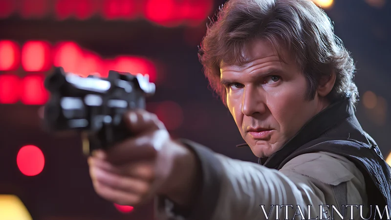 Blaster-aiming space smuggler portrait under neon light