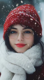 Winter portrait with red knit beanie and soft snowfall.
