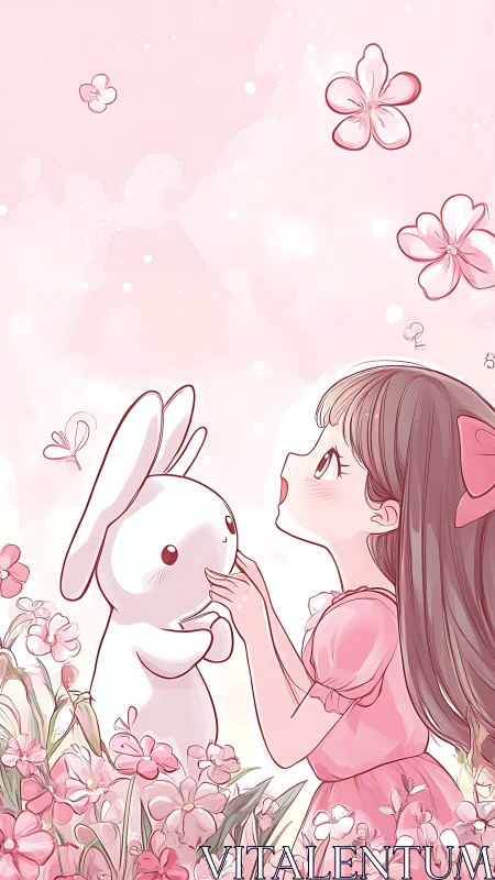 Soft pastel anime girl and rabbit rendered in high-key pink palette