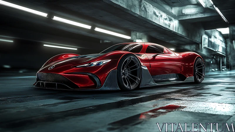 Crimson hypercar prowls a neon-lit concrete labyrinth at speed