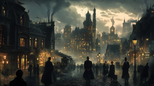 Steampunk city street glows through fog under looming towers