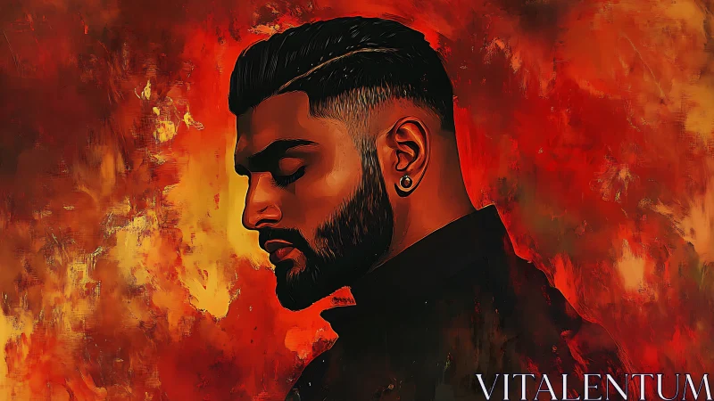 Male profile portrait in red and orange digital flame field.