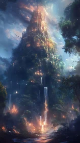 Towering bioluminescent jungle citadel rises through mist