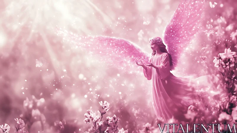 Rosewing guardian drifts through a glowing celestial garden.