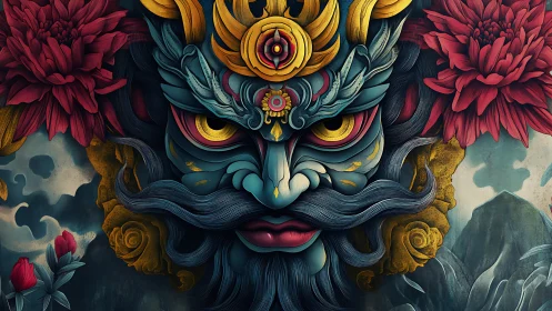 Mythic guardian mask in ornate florals and sculpted clouds.