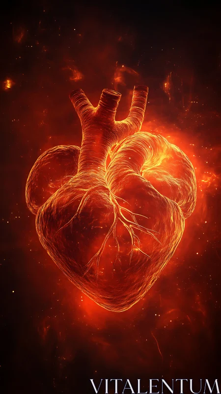 Anatomical Heart Rendered in Fiery Orange Light with Ethereal Energy