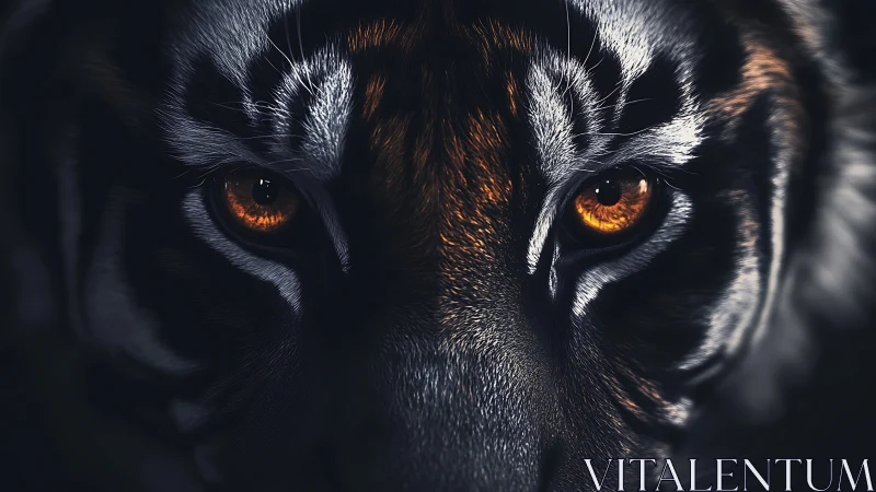 High-contrast macro study isolates a tiger’s eyes and facial pattern