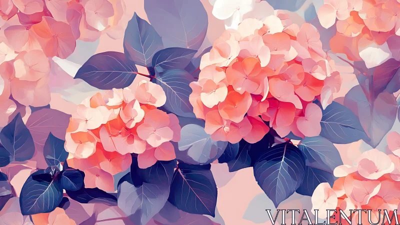 Pink Hydrangea Blossoms with Dark Foliage in Soft Light