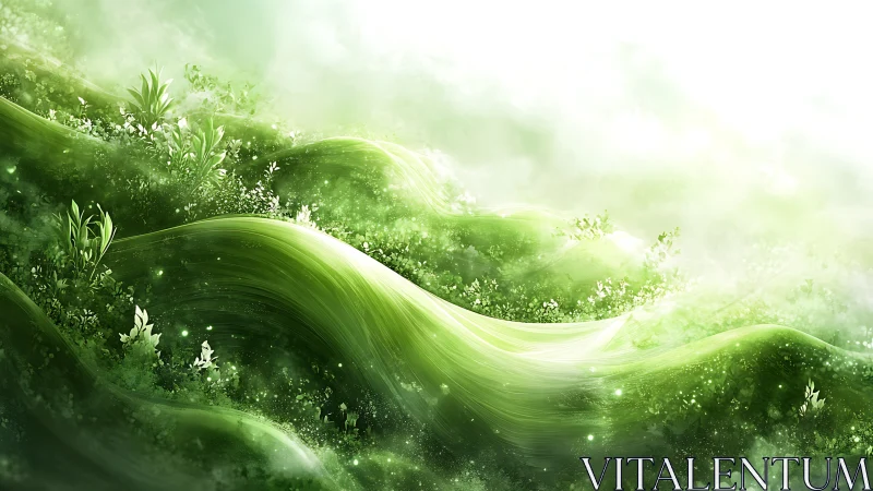 Emerald Dreamwaves Rolling Through Luminous Morning Mist.