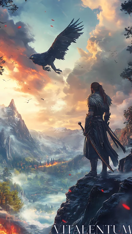 Solitary cloaked figure observing large bird over valley.