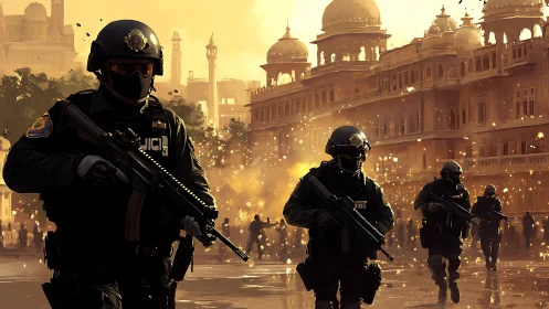 Armed police patrol in historic city under falling sparks.