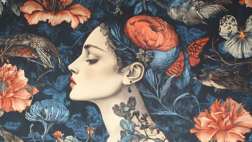 Surreal profile portrait amid floral and avian reverie.