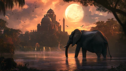 Moonlit elephant wanders quietly before a glowing riverside temple