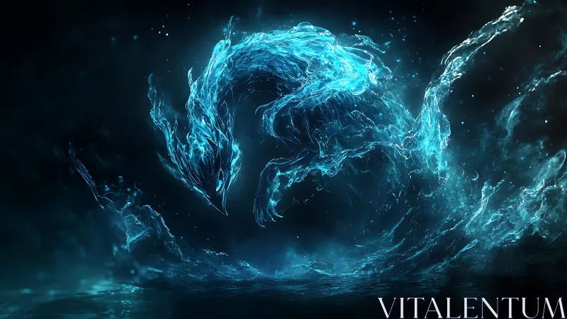 Tidal dragon coils from midnight surf and ignites liquid starlight