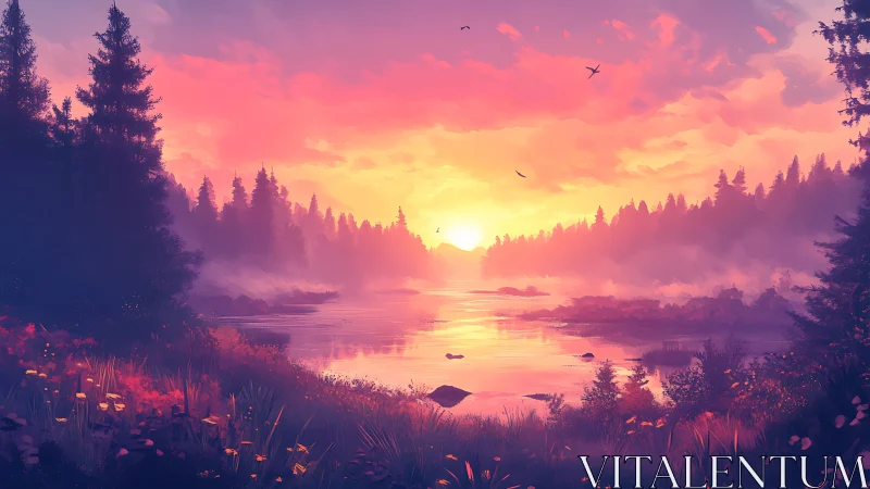 Vivid sunset over calm forest lake with misty shoreline.