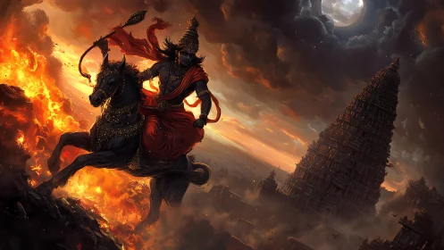 Mythic warrior on horseback amid inferno, temple skyline digital painting.