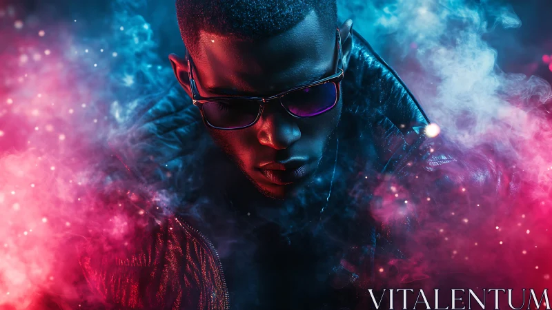 Neon-lit portrait in magenta and cyan vapor haze.