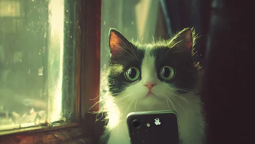 Cat with Smartphone in Atmospheric Doorway Light