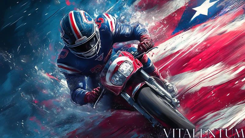 Motorcyclist in racing gear rides before stylized flag backdrop