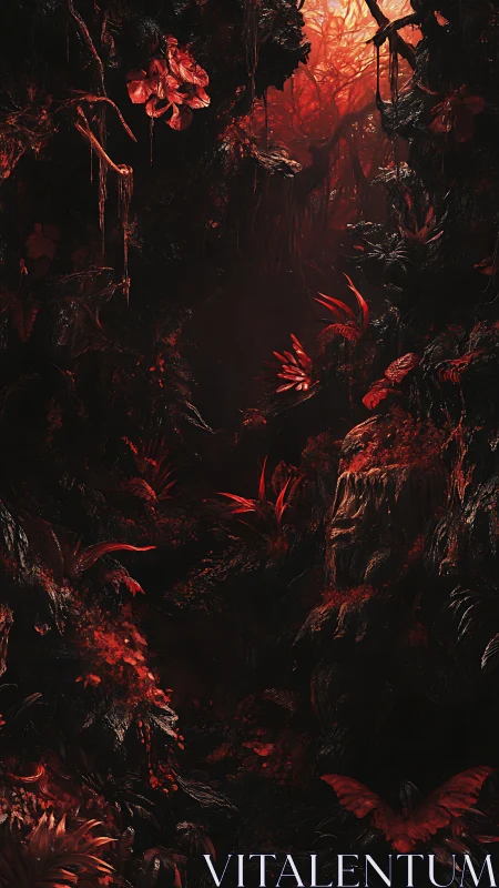 Crimson jungle chasm glowing with eerie infernal light.