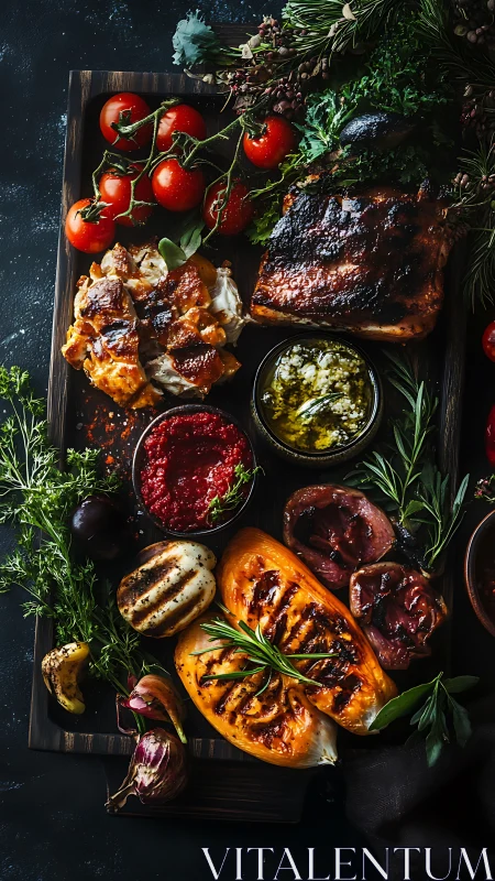 Rustic grilled meat and vegetables arranged on dark platter