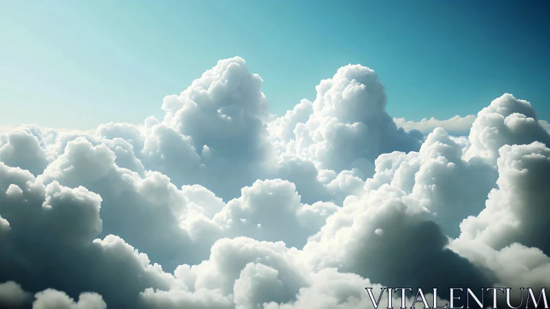 Towering cumulus clouds glow under clear cyan sky.