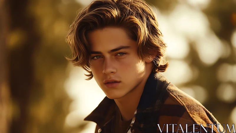 Young man in plaid jacket in warm outdoor portrait.