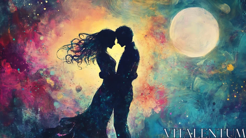 Silhouetted couple embracing under luminous full moon in vibrant cosmic landscape