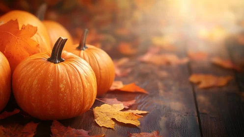 Pumpkins rest on rustic wood amid glowing autumn leaves.
