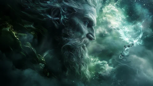 Ancient cosmic deity gazes toward luminous spirit in clouds