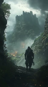 Lone cloaked warrior advances toward storm-lashed ruined citadel.