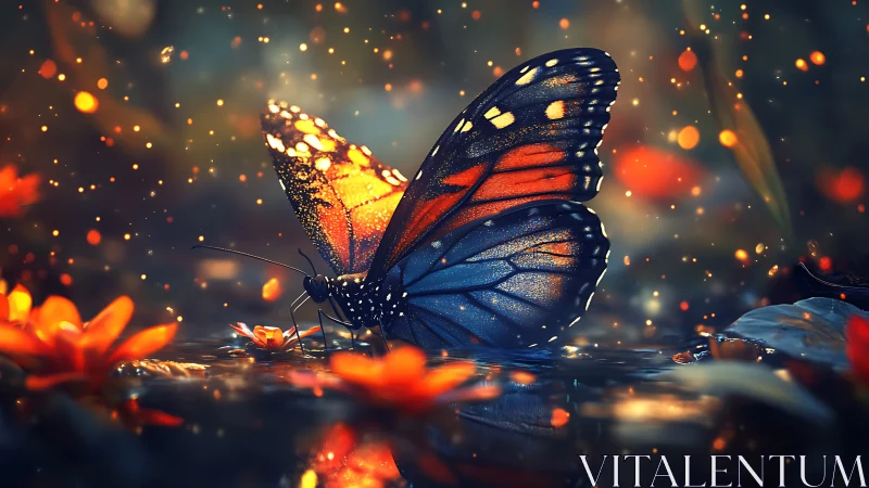 Twilight butterfly resting in a glowing garden pool.