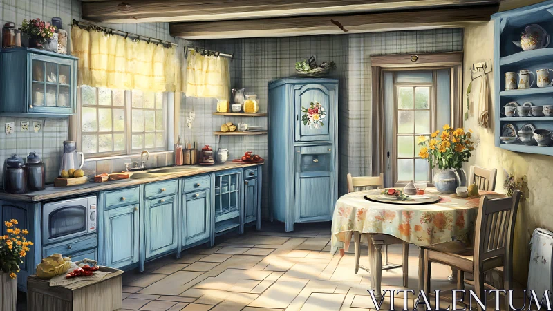 Cozy blue country kitchen glows with warm morning sunlight