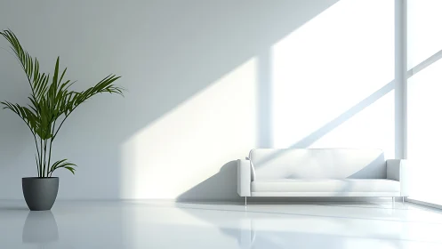 Minimalist white sofa interior with potted palm and hard light
