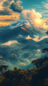 Sunlit mountain valley wrapped in drifting golden clouds.