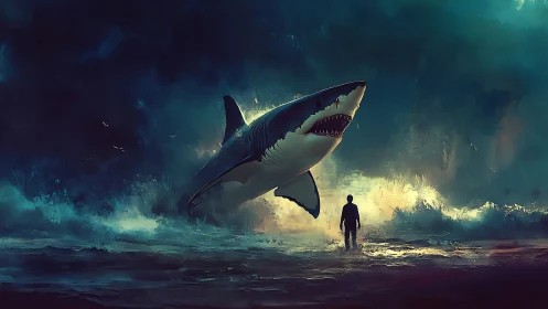 Colossal shark erupting before lone figure in storm surf.