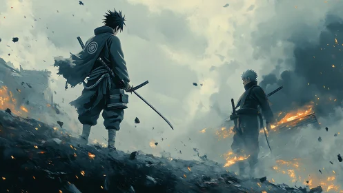 Stormlit duel on a burning ridge between cloaked swordsmen.