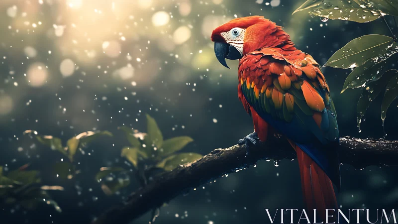 Vibrant scarlet macaw perched on branch in dreamy rainforest scene.