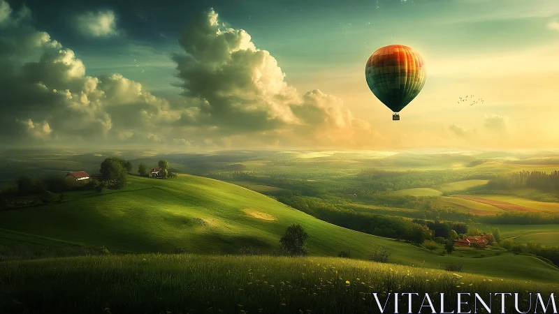 Hot air balloon glides above sunlit green countryside hills.