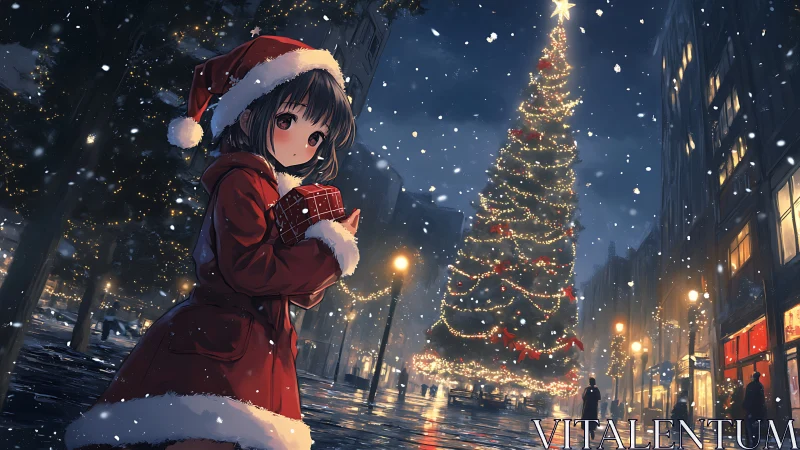Anime girl in red coat under towering city Christmas tree.