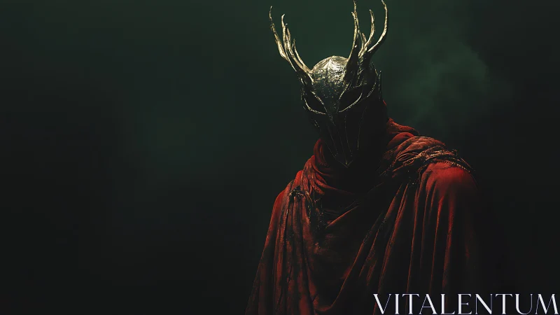 Horned armored figure stands cloaked in tattered red fabric