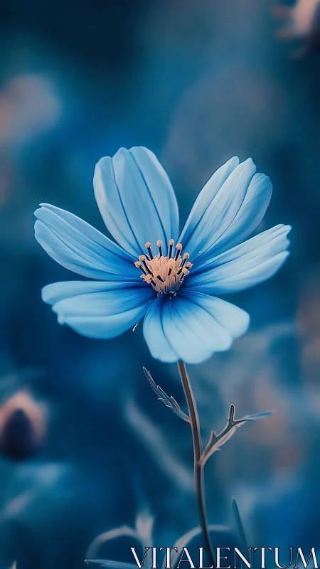 Blue cosmos flower specimen with focused stamen detail against blurred background