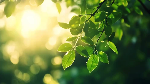 Sunlit Green Leaves with Soft Bokeh in Nature Photography.